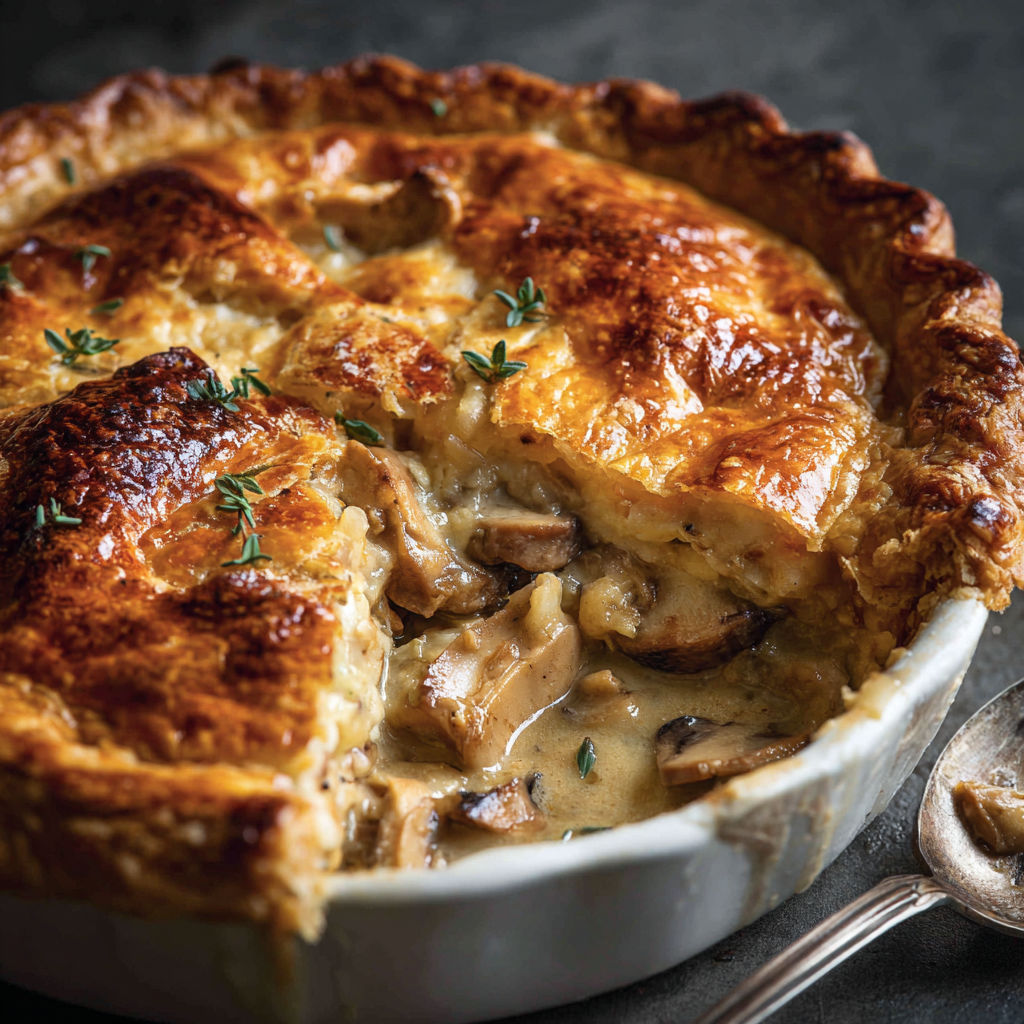 A pie with mushrooms and chicken in it.
