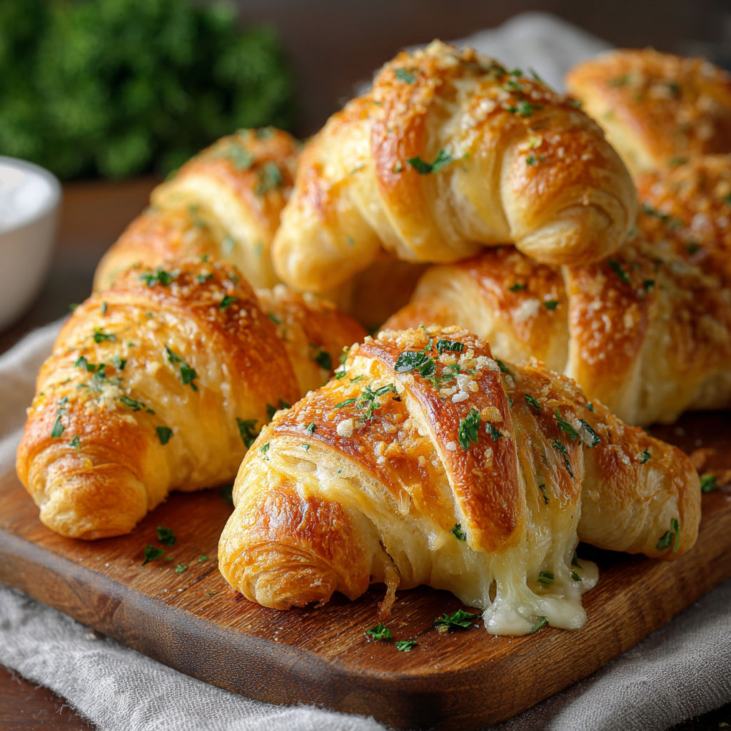 A plate of croissants with cheese and herbs on top.