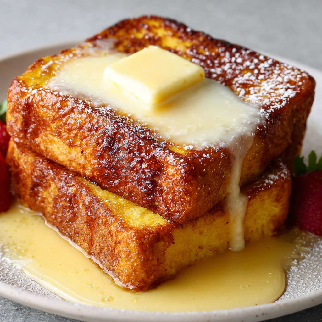 A plate of French toast with butter and powdered sugar.