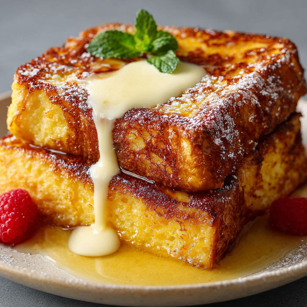 A stack of French toast with powdered sugar and a mint garnish.