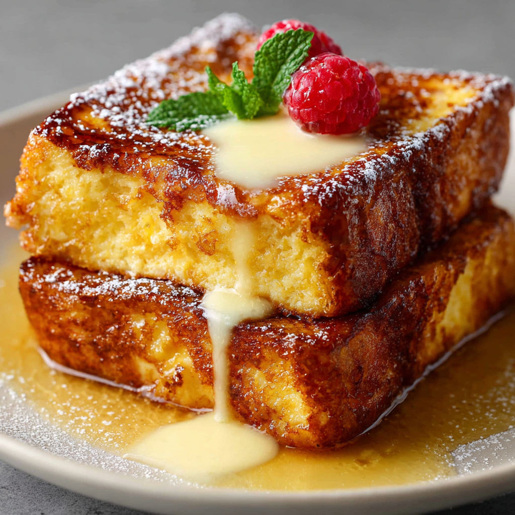 A stack of French toast with powdered sugar and a raspberry on top.