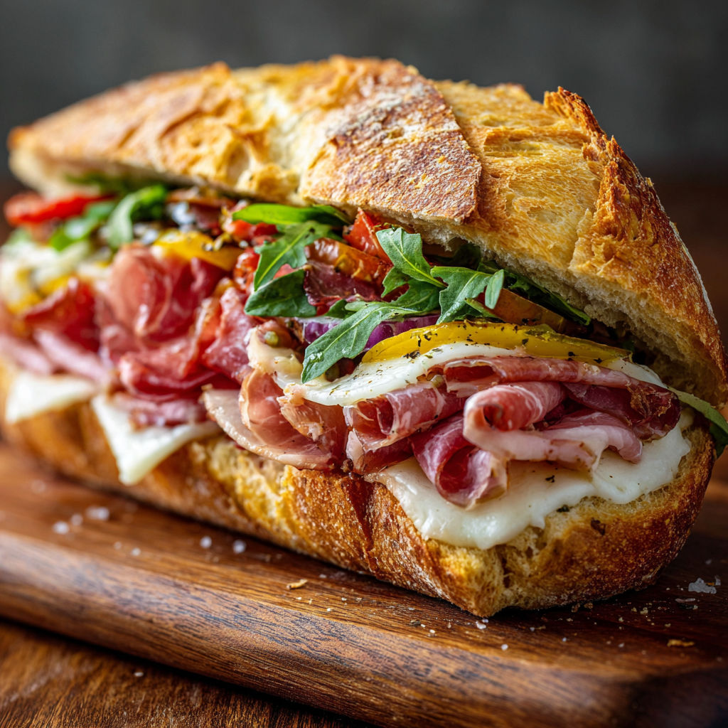 A sandwich with meat, cheese, and vegetables.