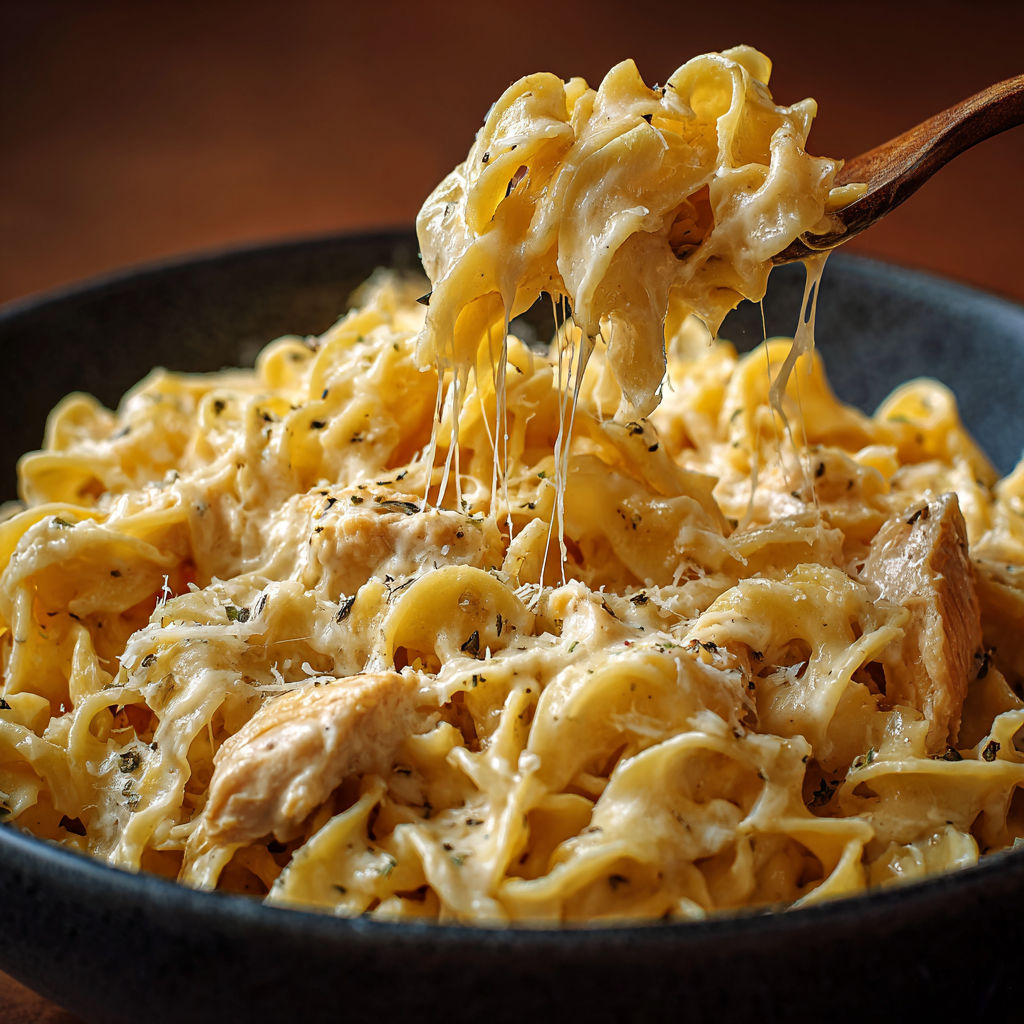 A bowl of pasta with cheese and chicken.