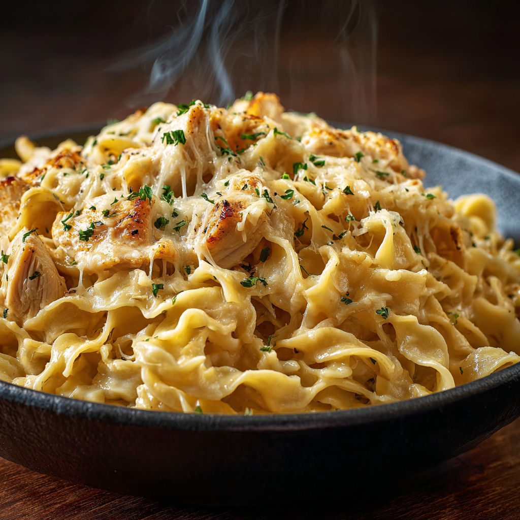 A bowl of pasta with chicken and cheese.