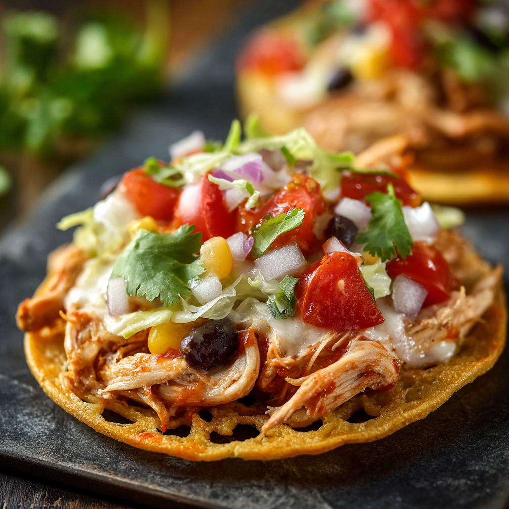 A plate of Mexican Rotisserie Chicken Tostadas.