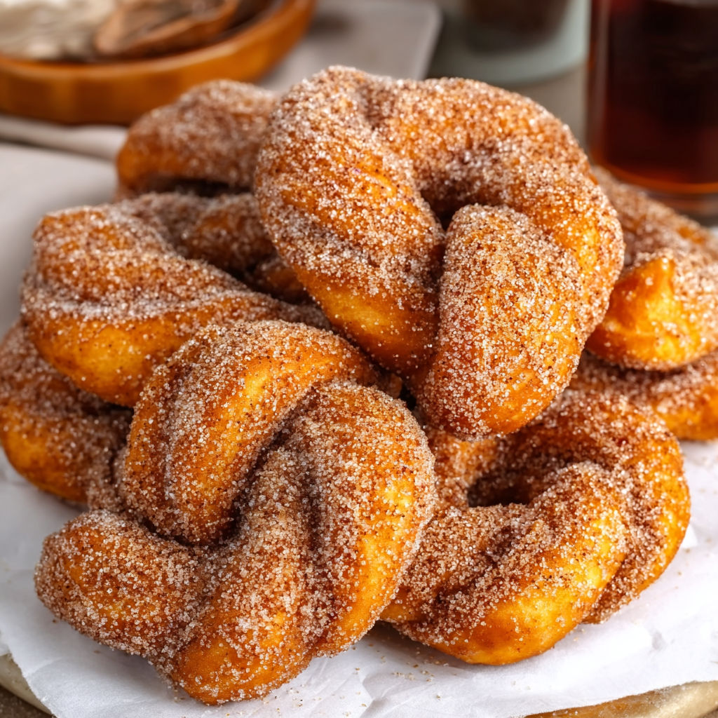A pile of cinnamon sugar twist donuts.