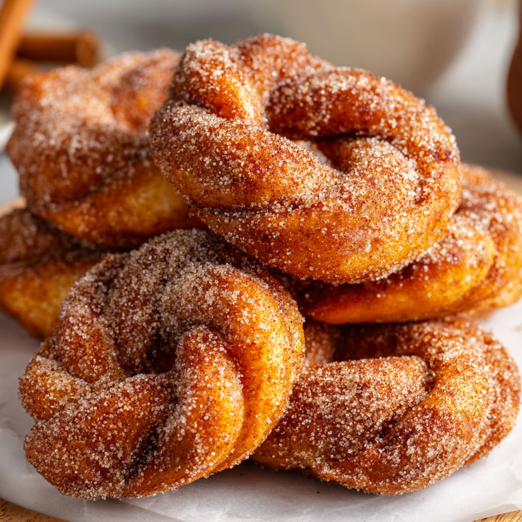 A stack of cinnamon sugar twist donuts.