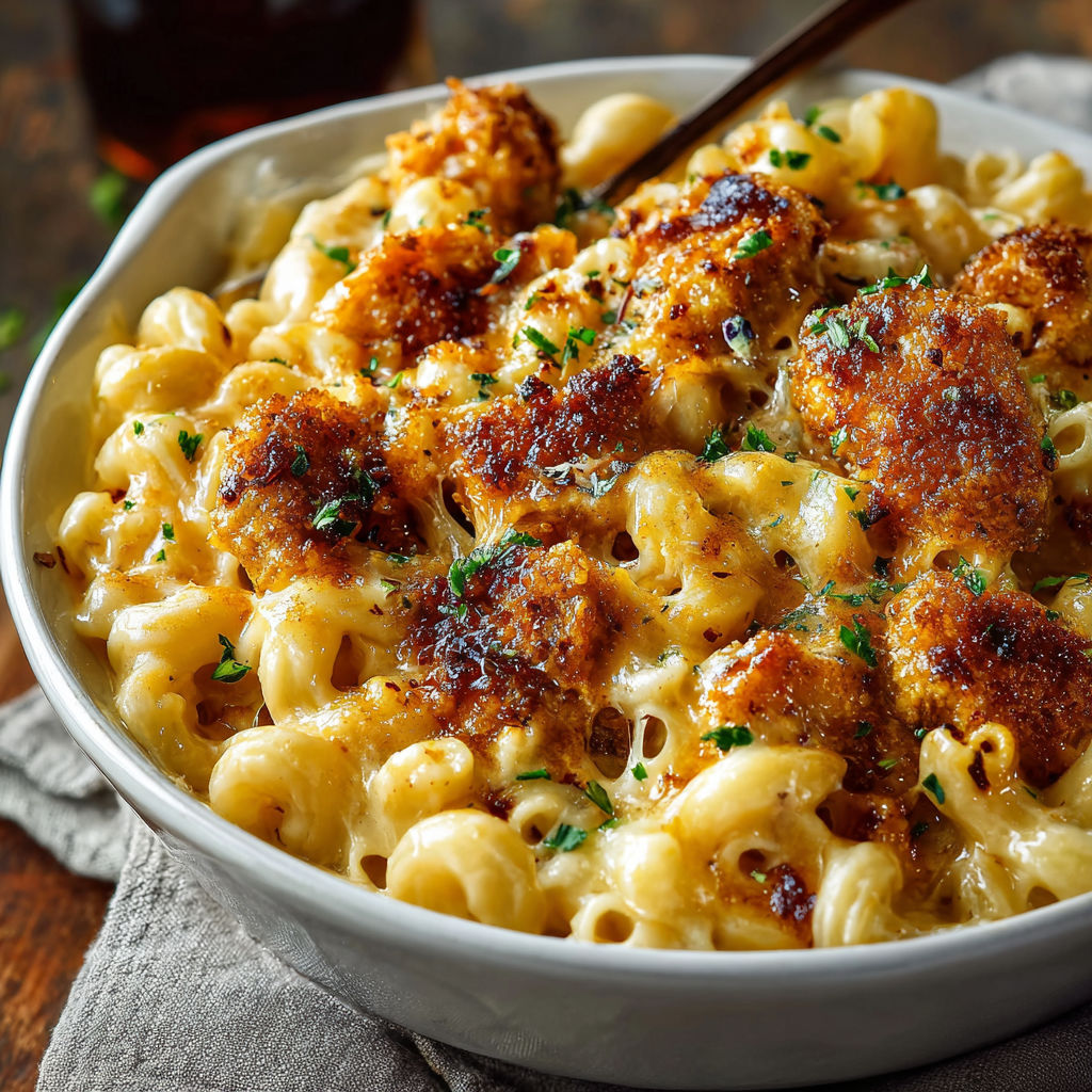 A bowl of macaroni and cheese with chicken.