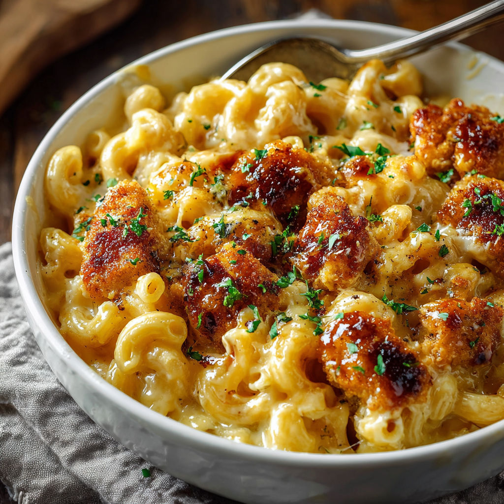 A bowl of macaroni and cheese with chicken.