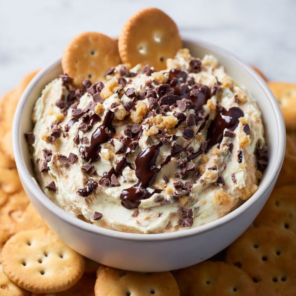 A bowl of cookie dough dip with chocolate chips and a cracker.