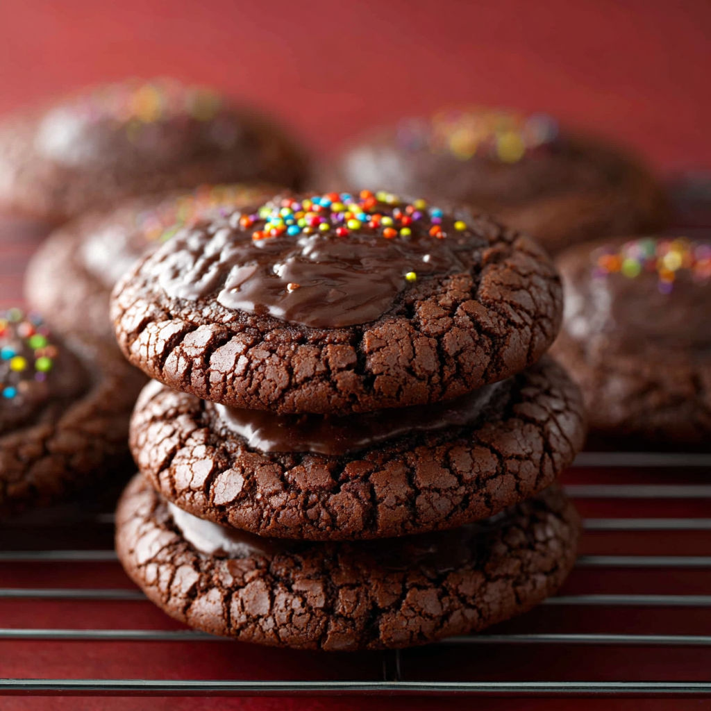 A stack of chocolate cookies with sprinkles on top.
