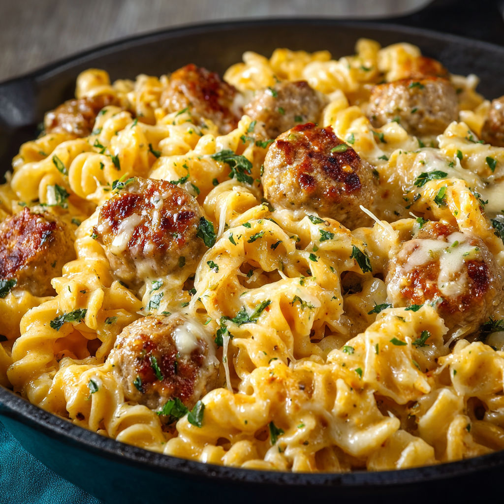 A one-pan dish of white cheddar ranch sausage and pasta.
