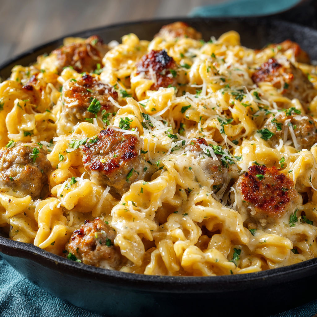 A delicious pasta dish with meatballs and cheese.