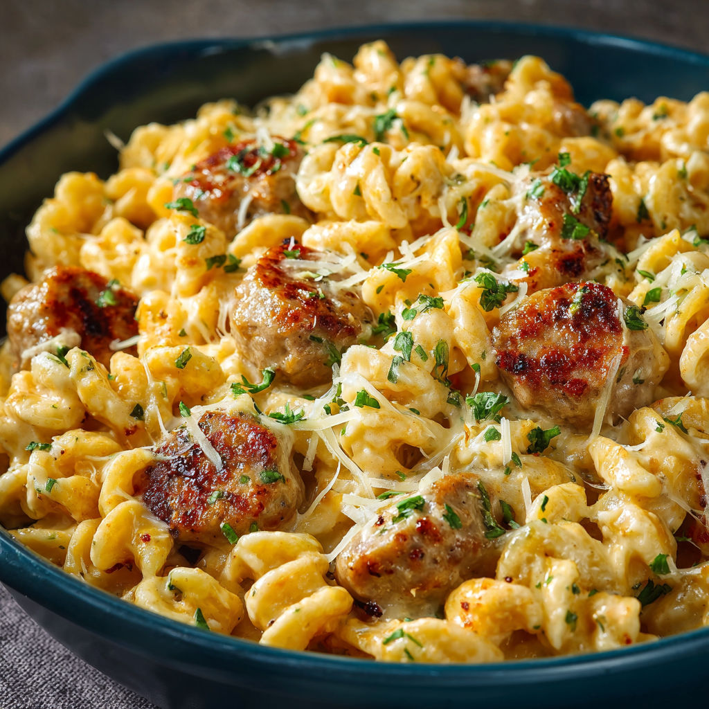A bowl of pasta with meatballs and cheese.