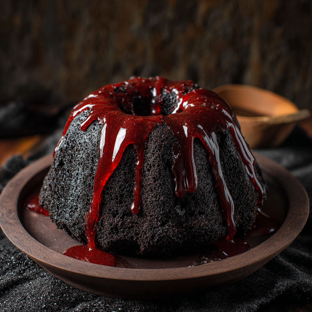 A chocolate cake with red icing.