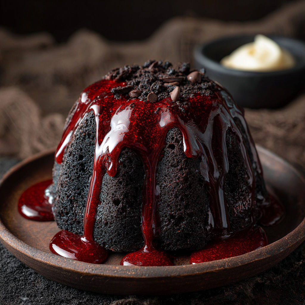 A chocolate cake with red icing.