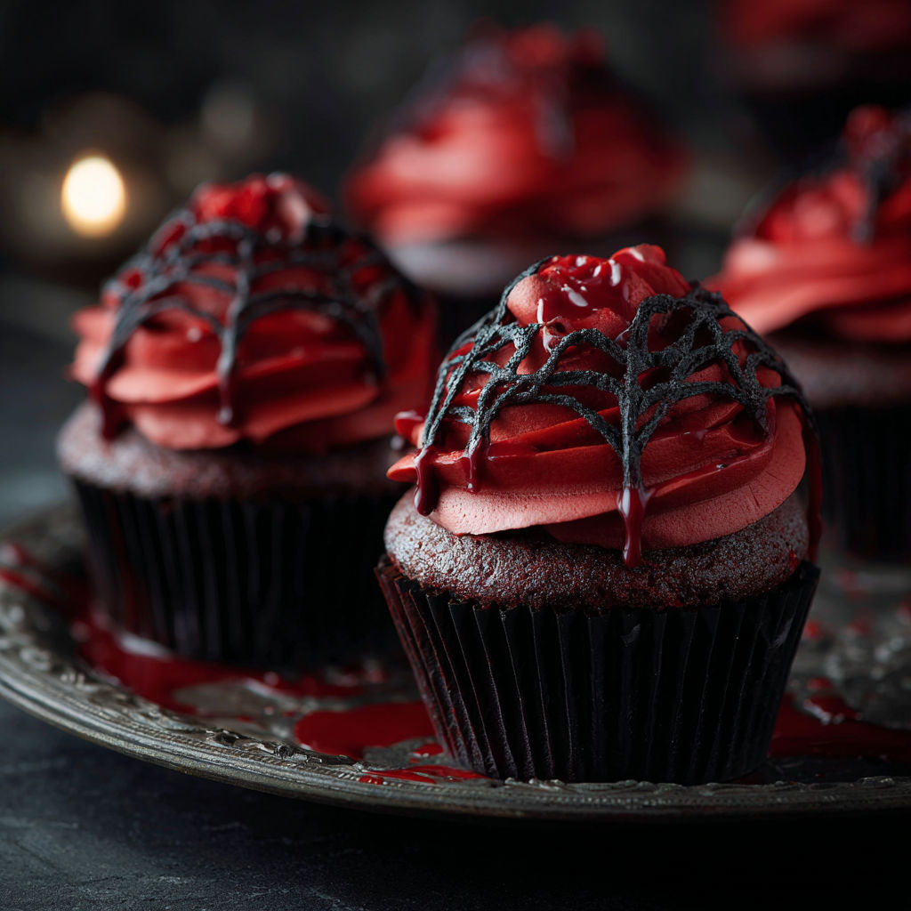 A plate of cupcakes with red frosting and a spider web design.