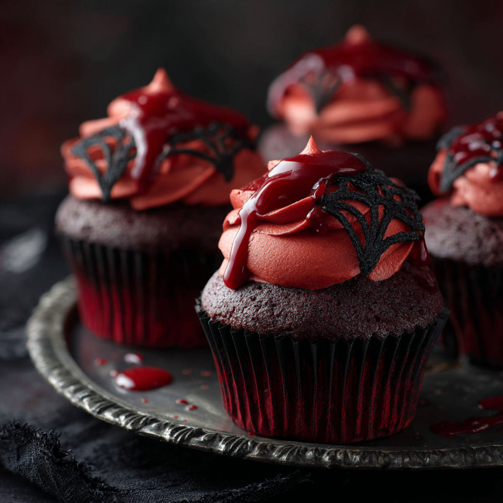 A plate with three cupcakes with red frosting and drizzled with chocolate.