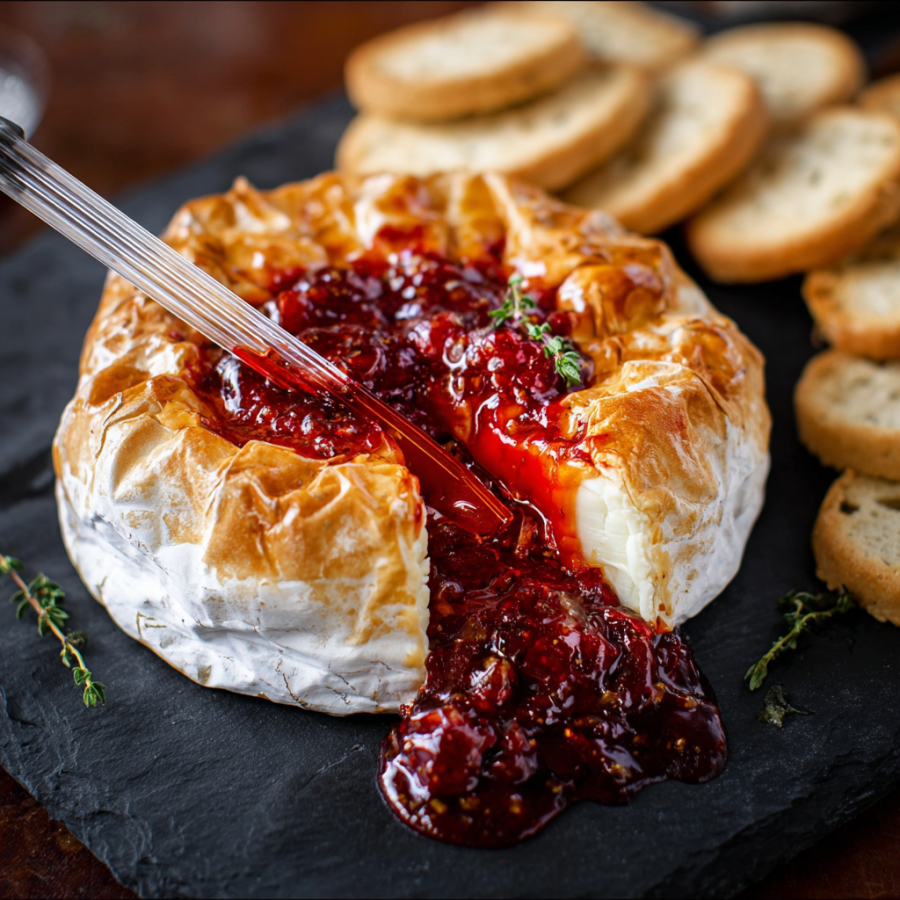 A baked brie with a red sauce drizzled over it.