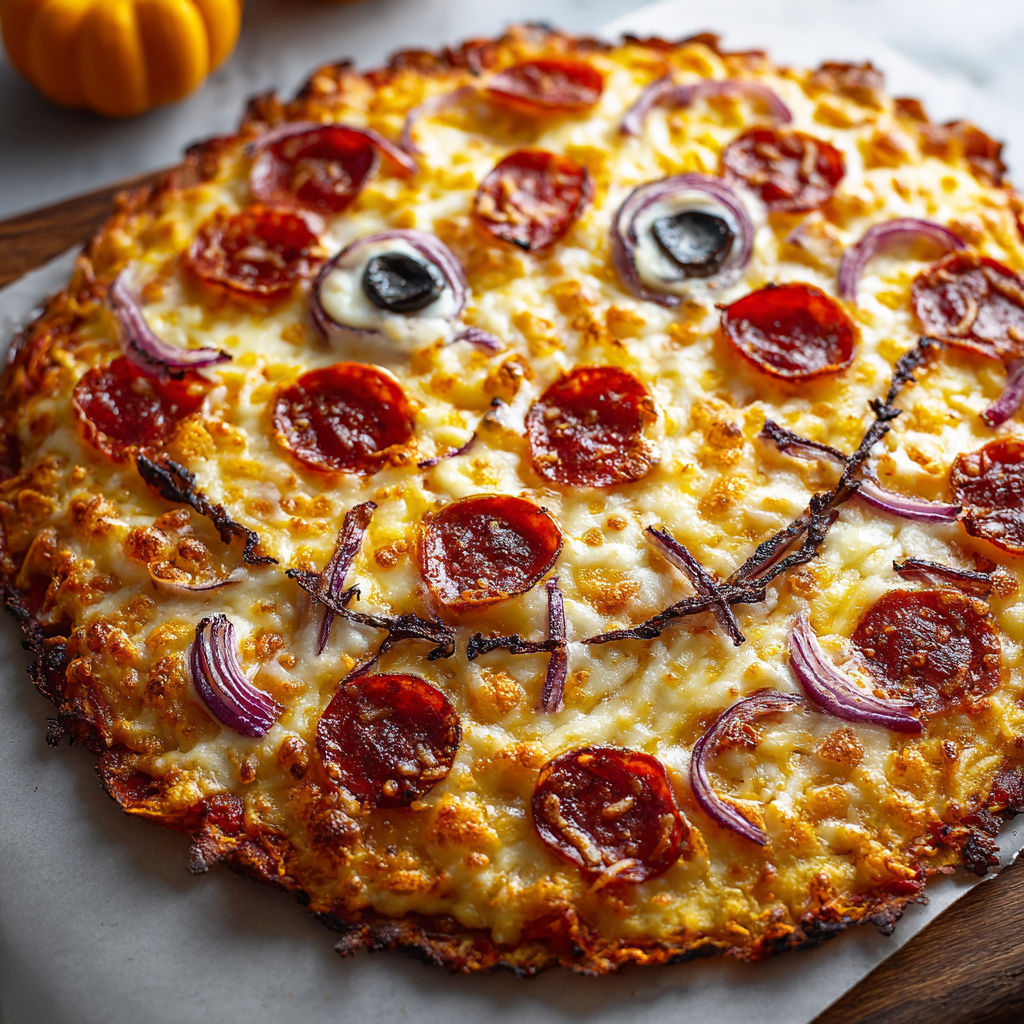 A pizza with a face drawn on it.