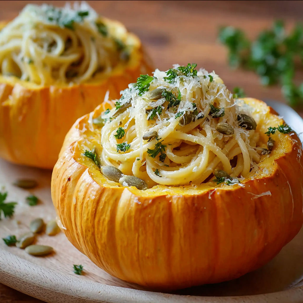 Two pumpkin cauldrons filled with pasta.