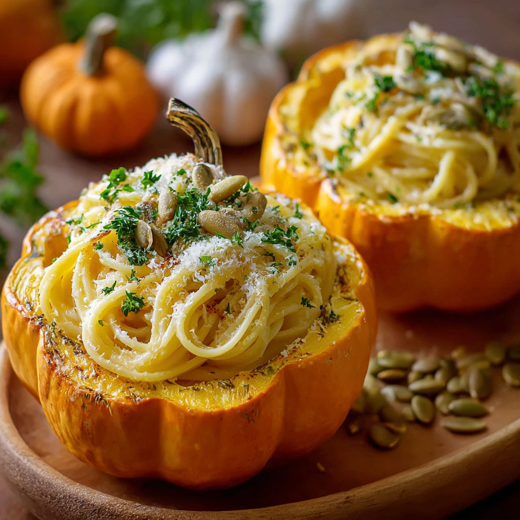 A pumpkin with a spoonful of pasta in it.