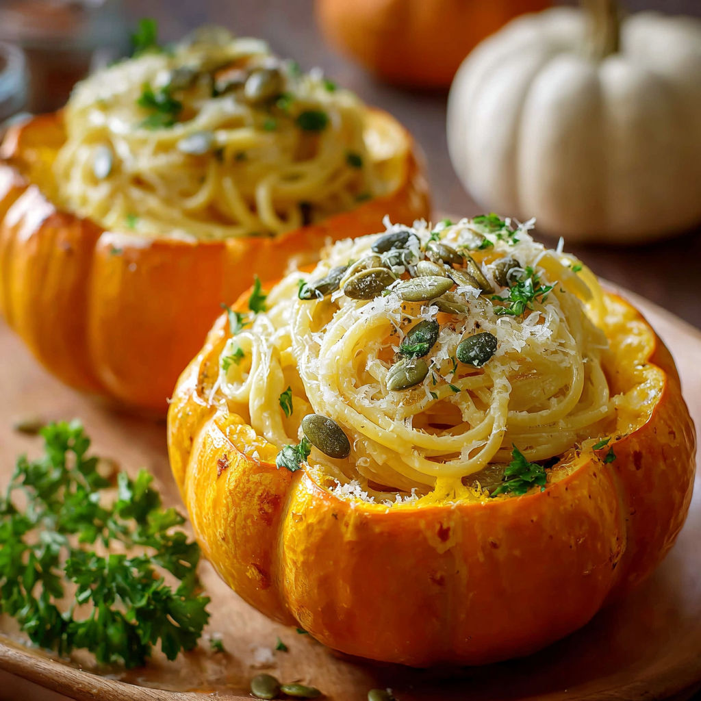 A plate of food with a pumpkin and a bowl of pasta.