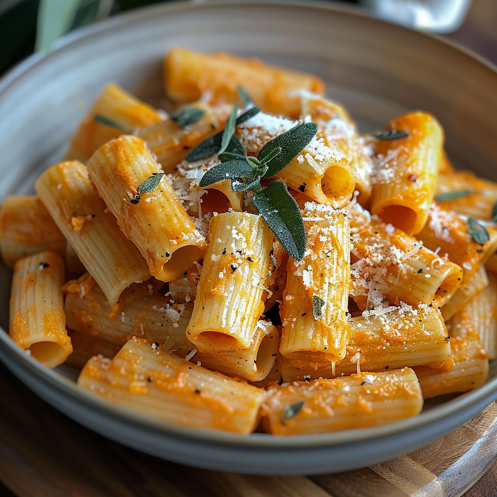A bowl of rigatoni pasta with sage and pumpkin.