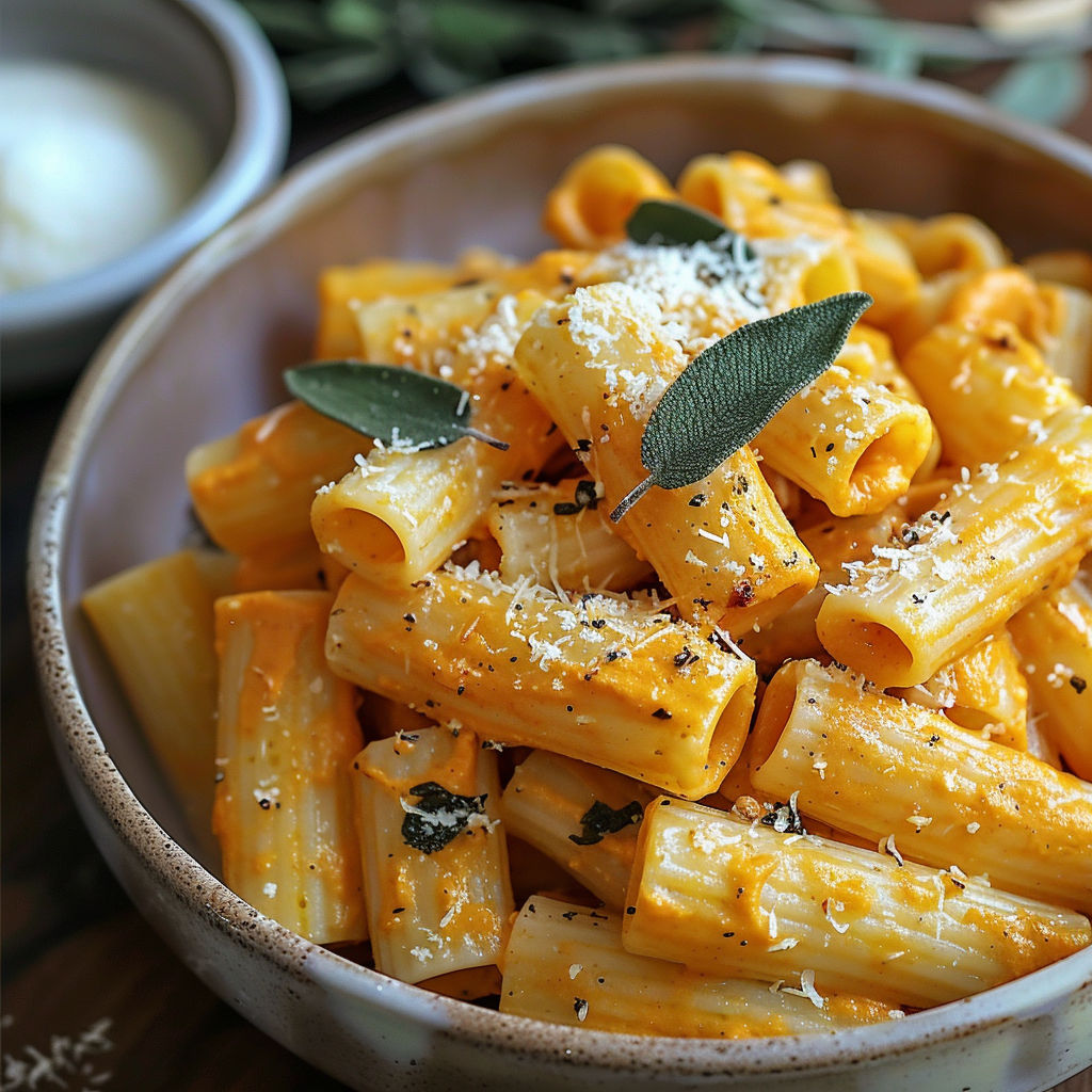 A bowl of rigatoni with cheese and herbs.