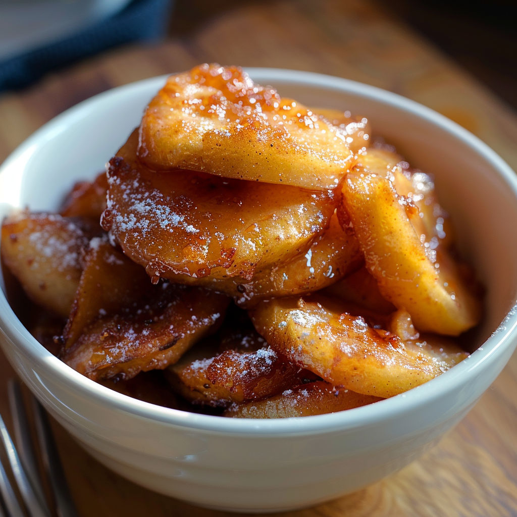 A bowl of fried apples with sugar on top.