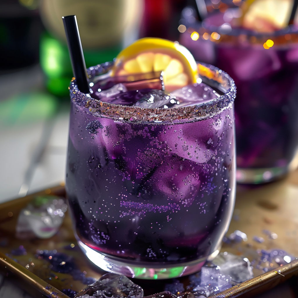 A glass of purple drink with a lemon wedge in it.