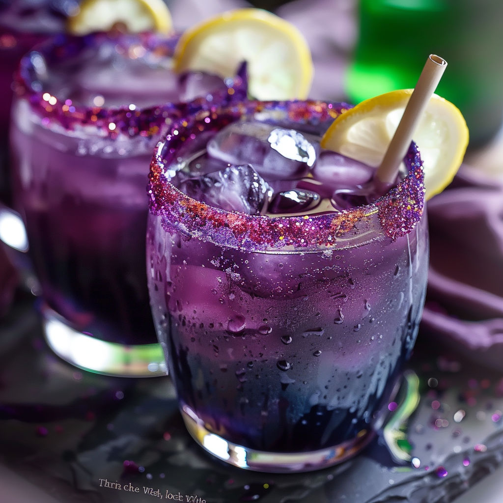 Two glasses of purple drink with yellow lemon slices.