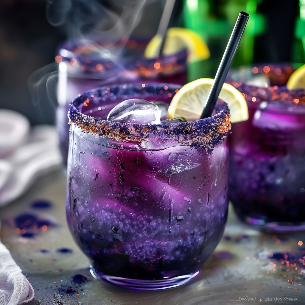 A glass of purple drink with a lemon wedge in it.