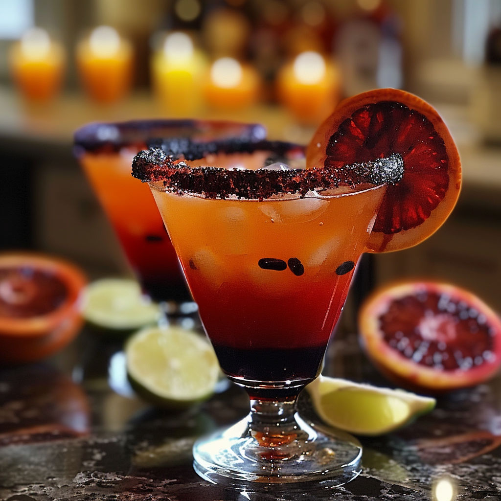 Two glasses of margaritas with orange slices on top.