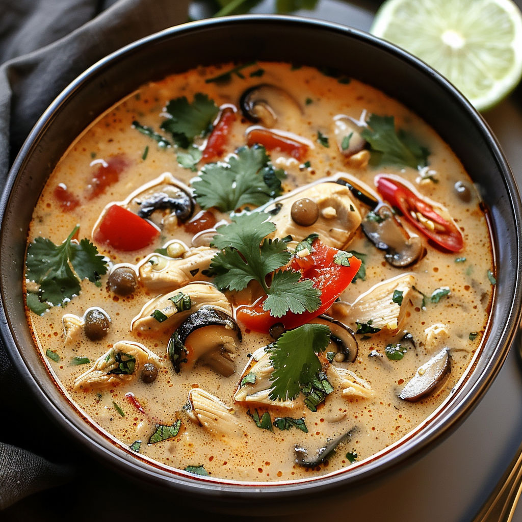 A bowl of Thai chicken soup with vegetables and spices.