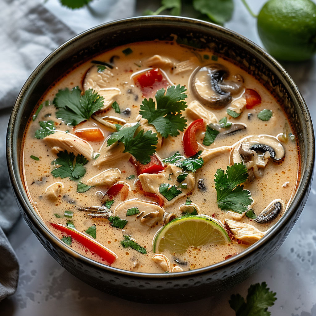 A bowl of soup with mushrooms, lime, and chicken.