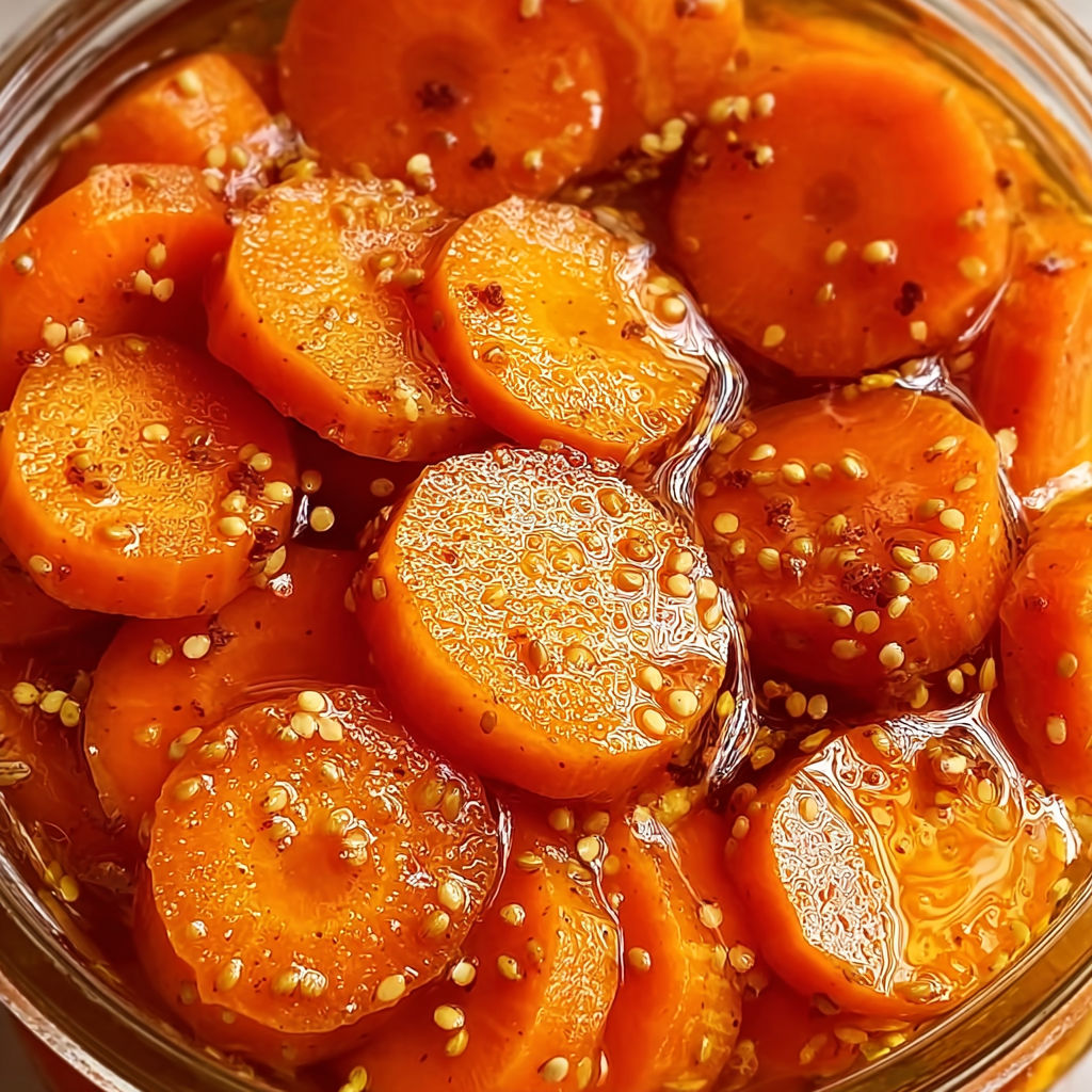 A jar of pickled carrots with a spoon in it.