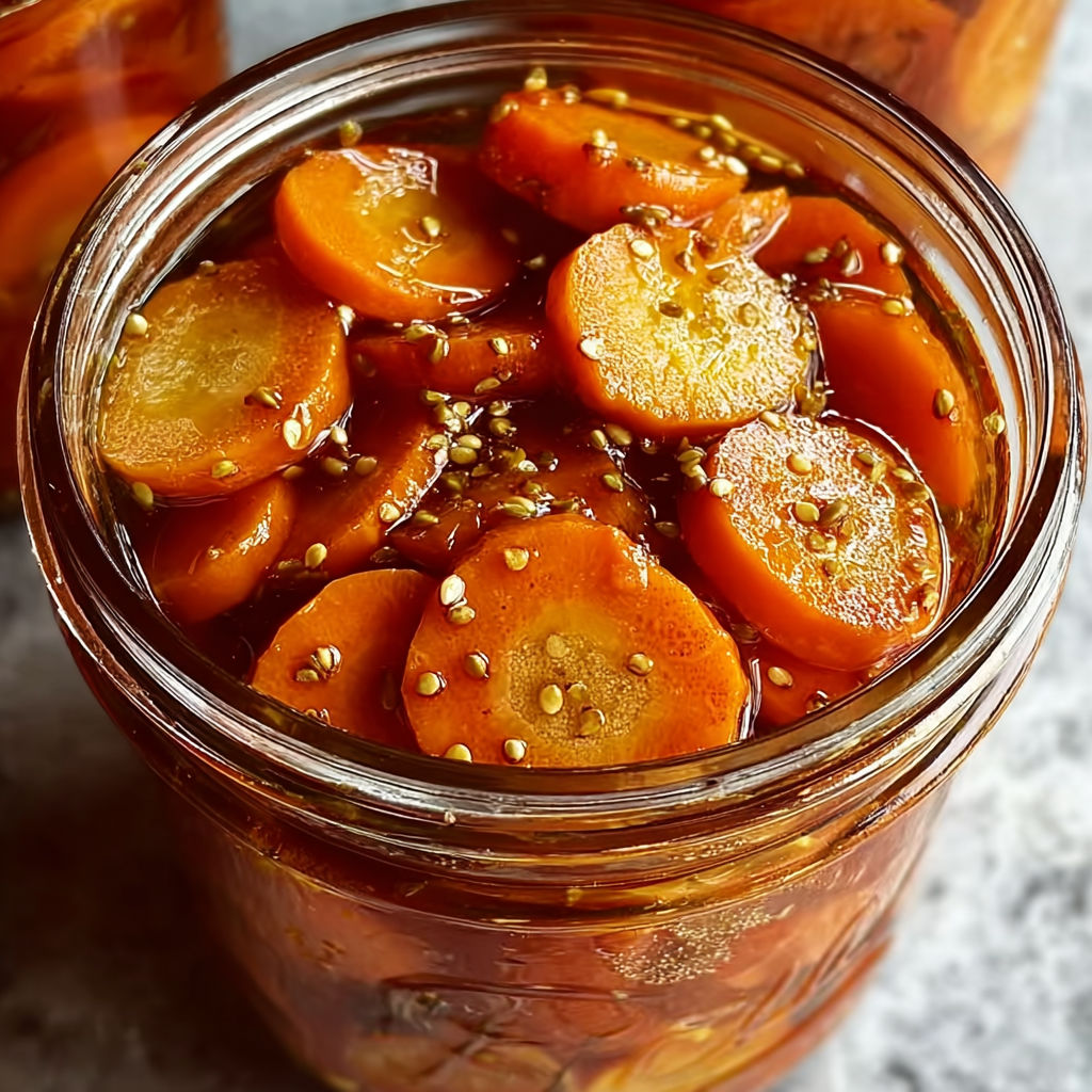 A jar of carrots with a brown sauce.