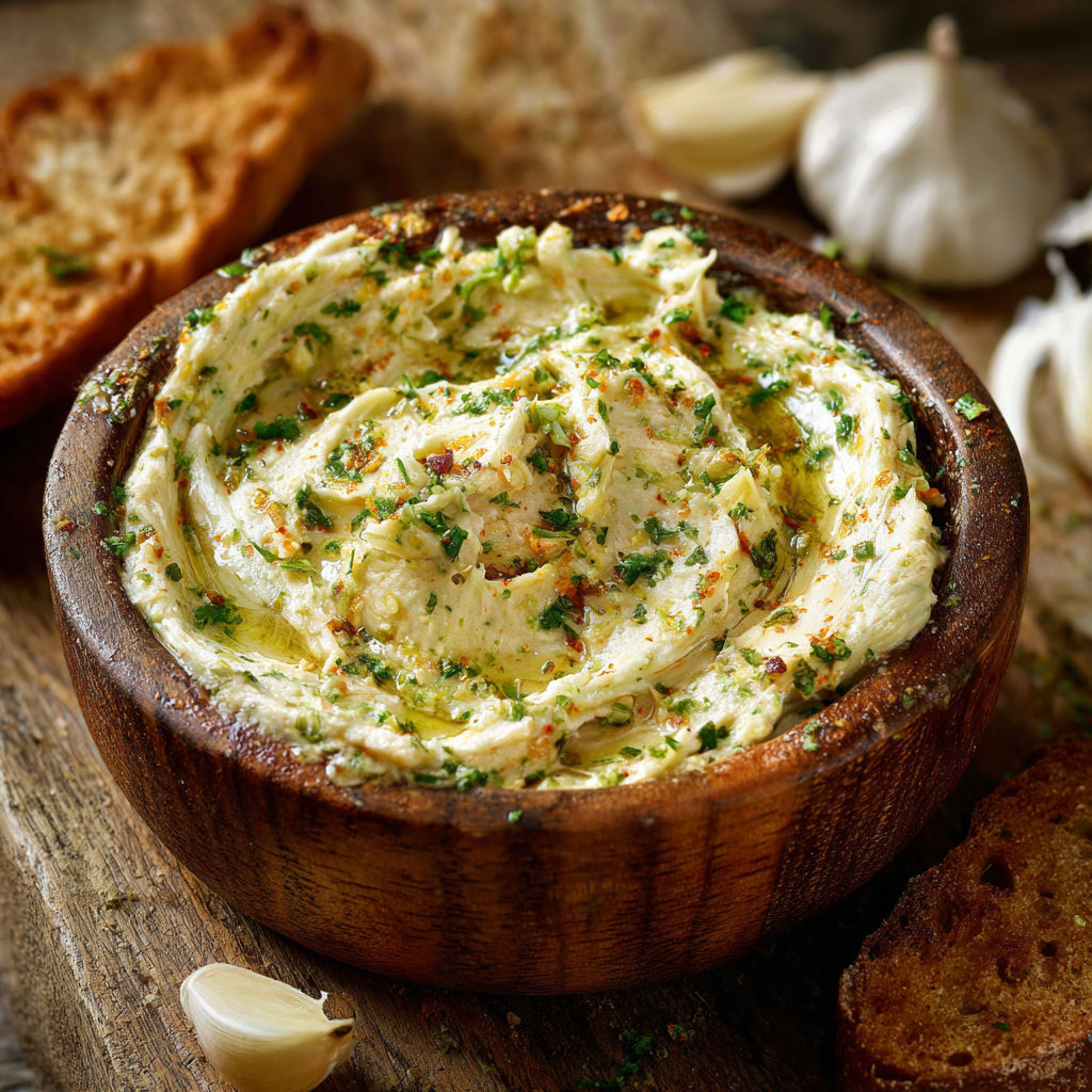 A bowl of hummus with a sprig of parsley on top.