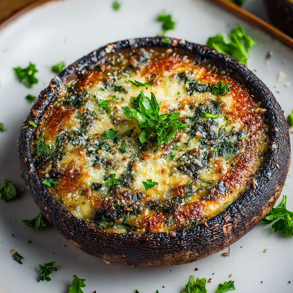A stuffed portobello mushroom with spinach and cheese.
