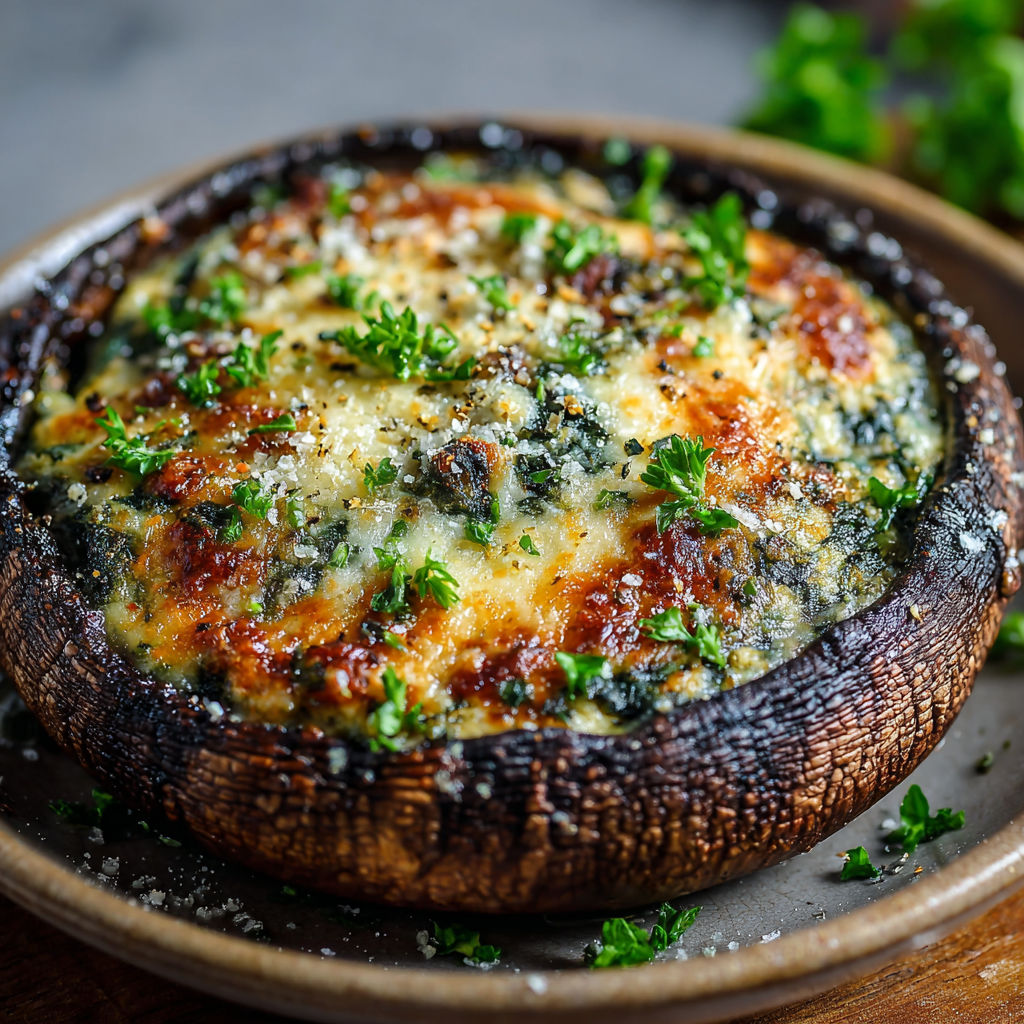 A close up of a spinach and cheese stuffed portobello mushroom.