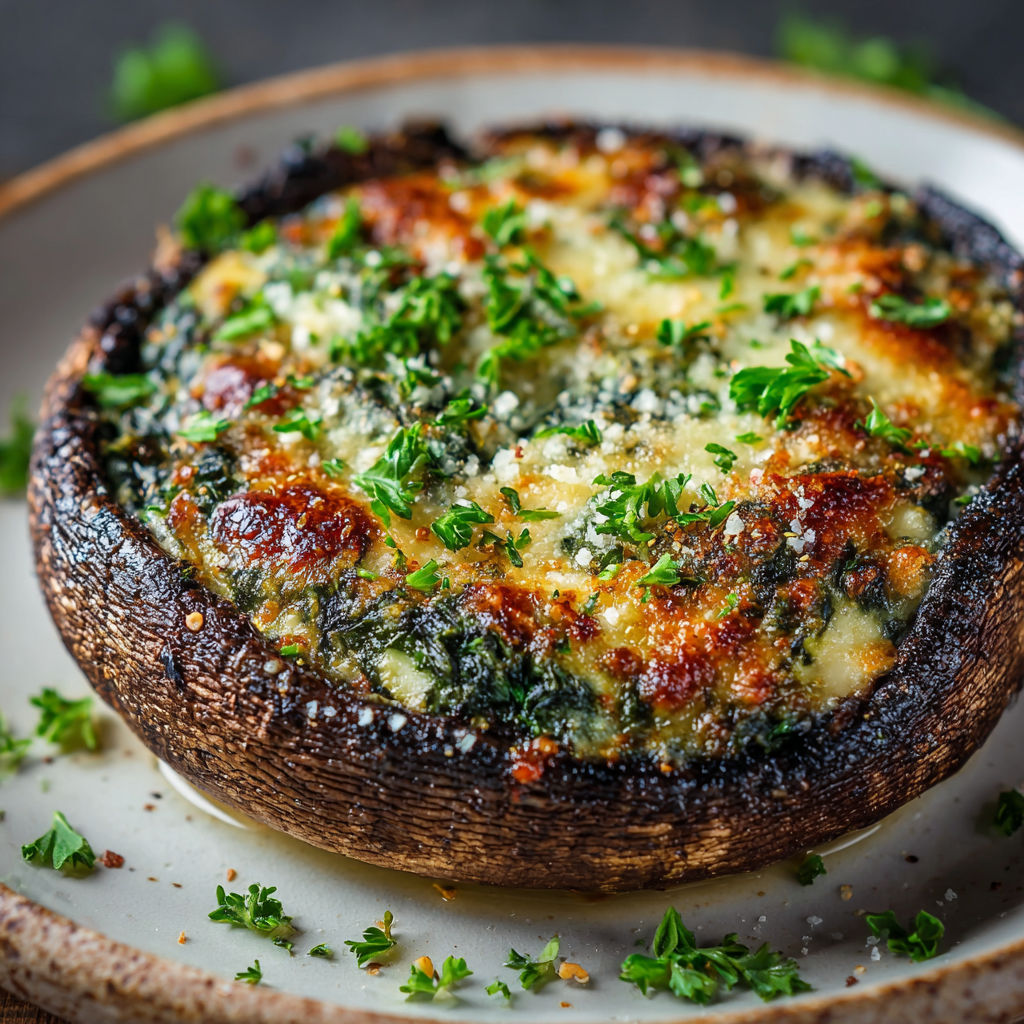 A stuffed mushroom with spinach and cheese.