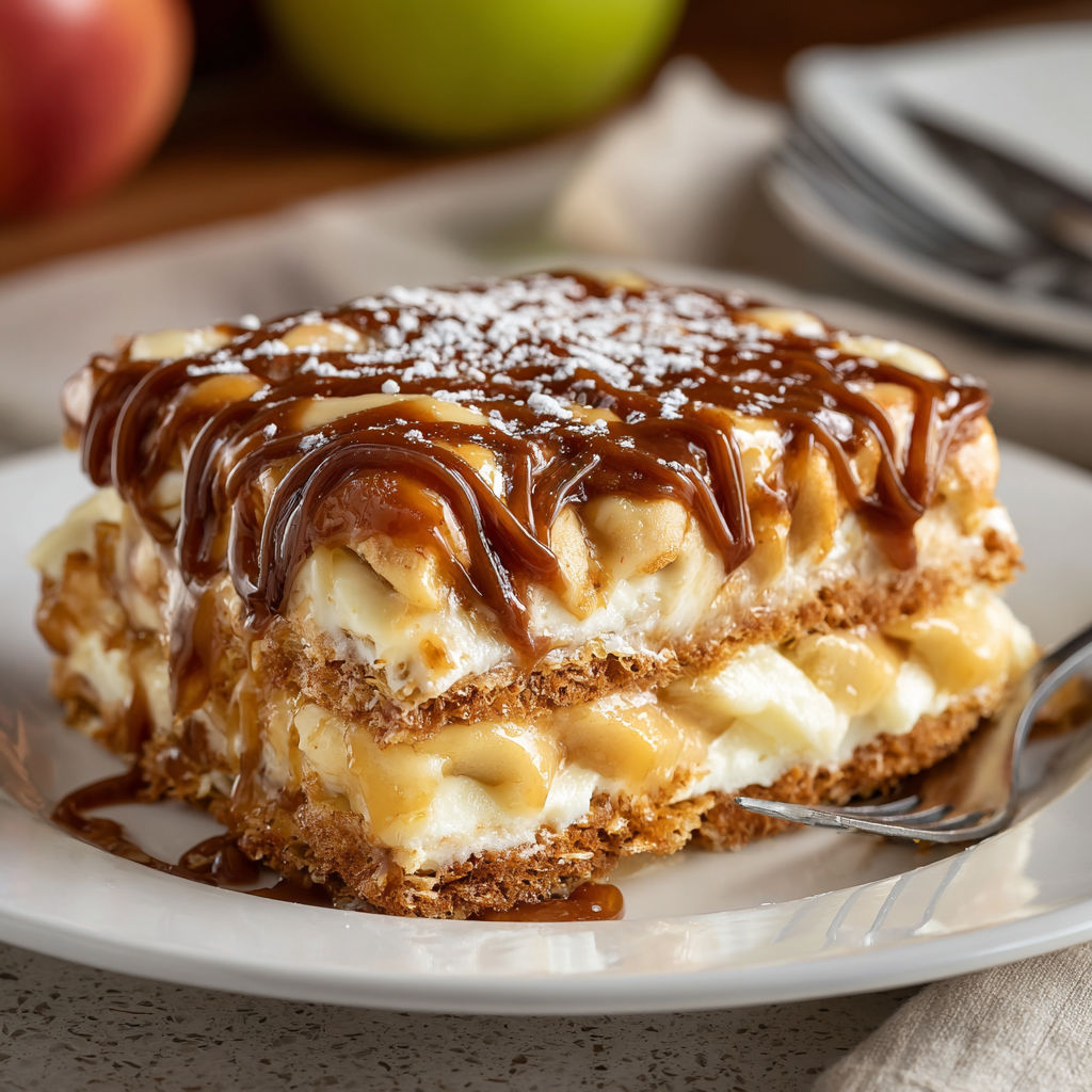 A slice of caramel apple eclair cake.