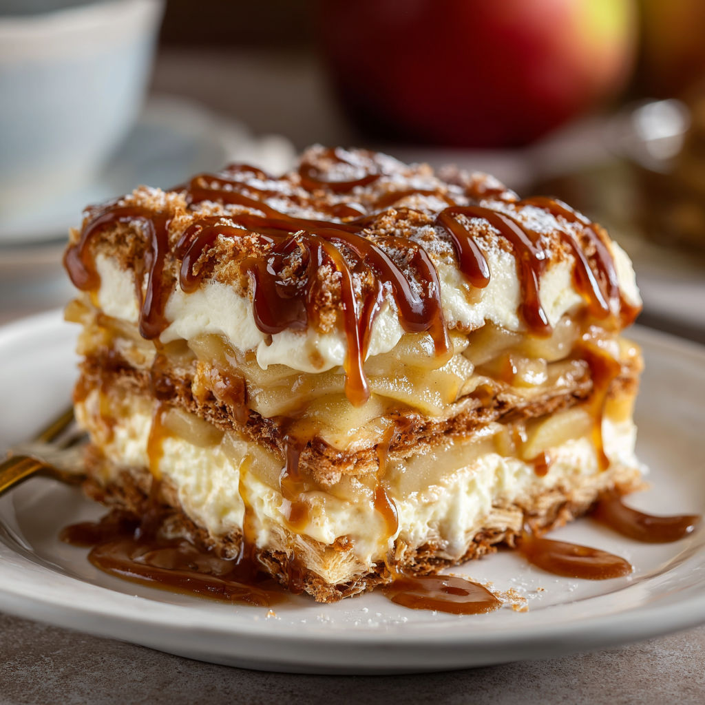 A dessert with caramel sauce and apples.
