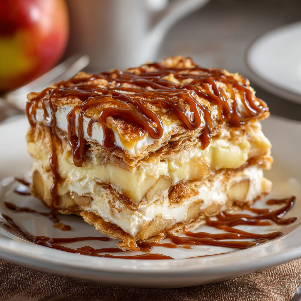 A dessert with caramel drizzled on top.