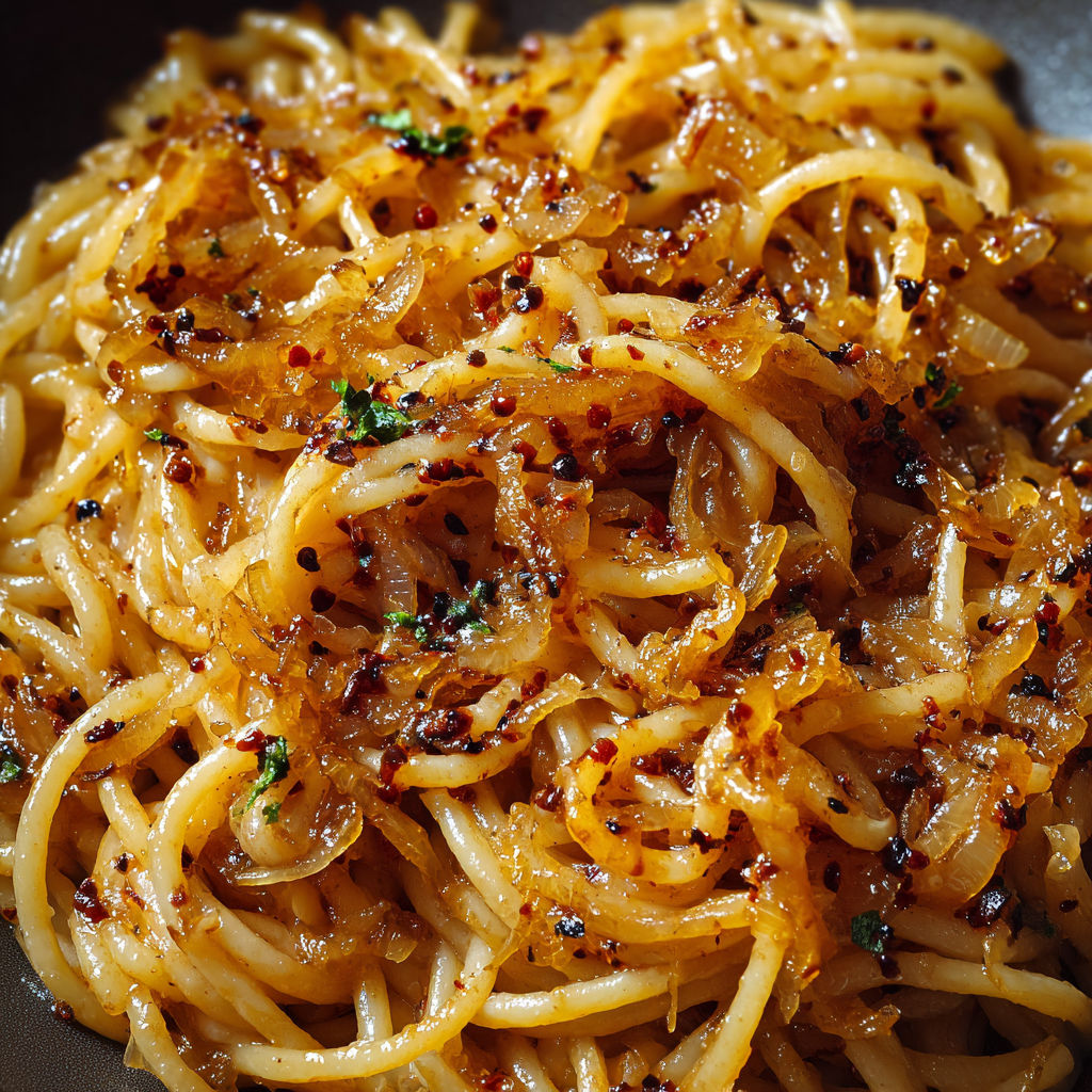 A close up of a dish of caramelized onion pasta with chili oil.