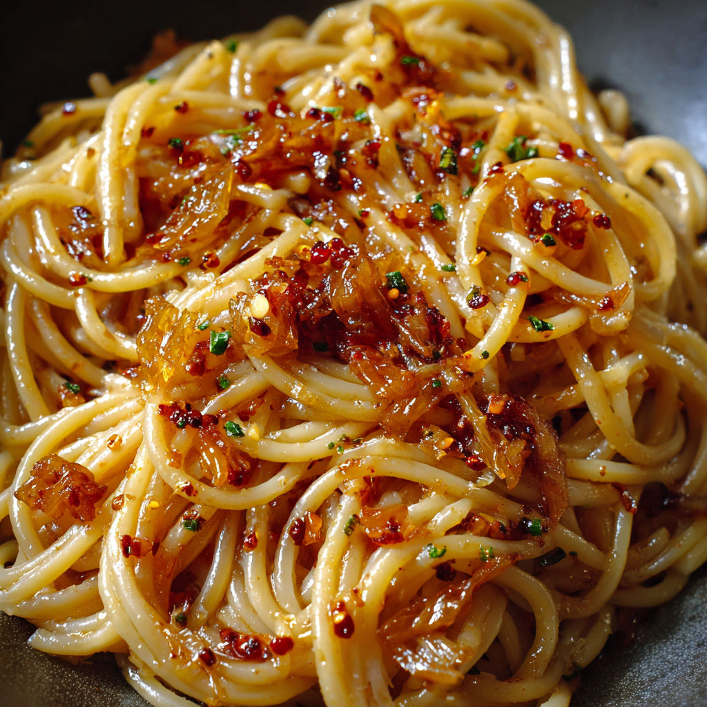A bowl of noodles with vegetables and spices.