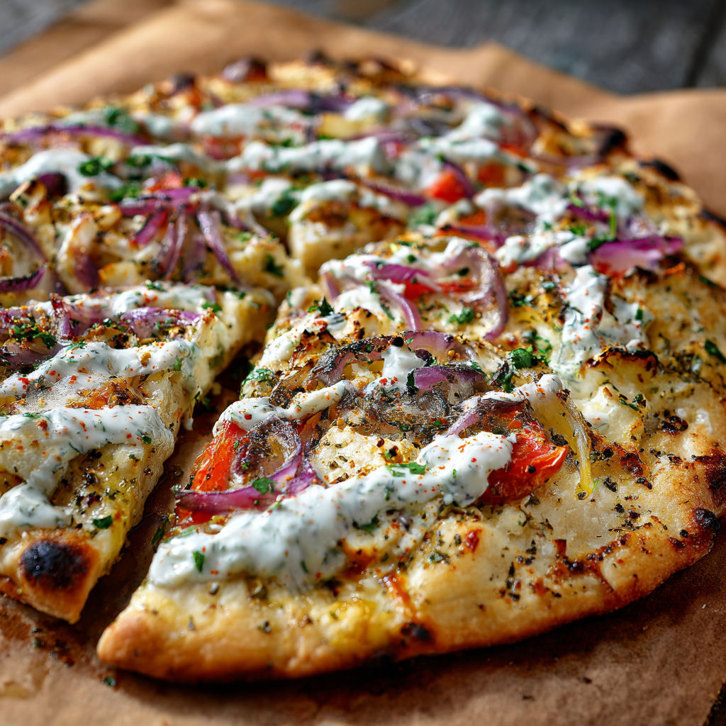 A slice of pizza with a white sauce drizzle.