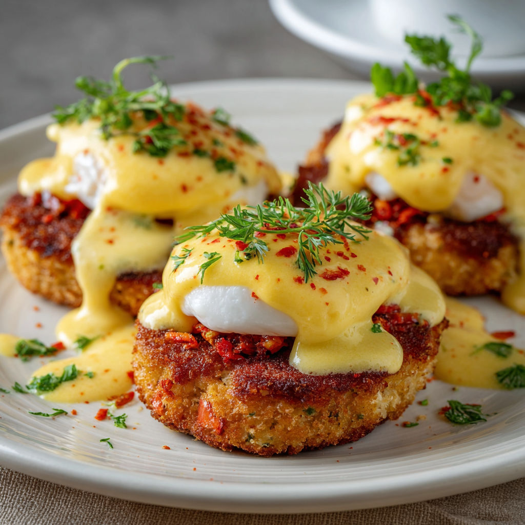 Crab cakes with spicy hollandaise sauce.