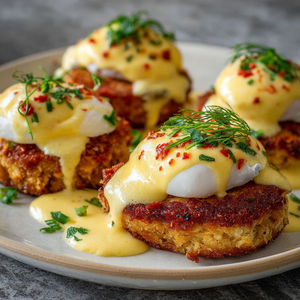 A plate of crab cakes with hollandaise sauce.